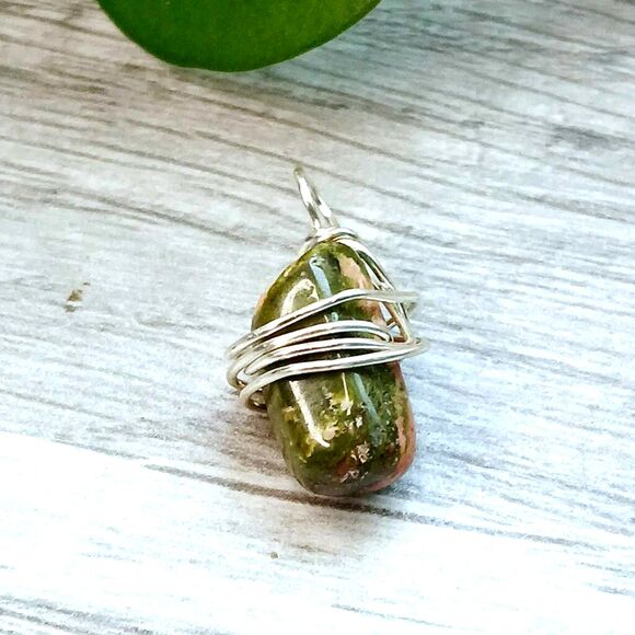 Dainty Unakite Crystal Pendant, Silver Wire Wrapped, 3/4" Minimalist - Picture 1 of 3